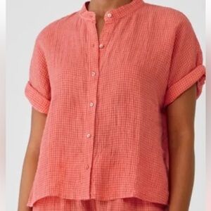 Eileen Fisher Puckered Organic Linen Pink Gingham Mandarin Collar Top Medium